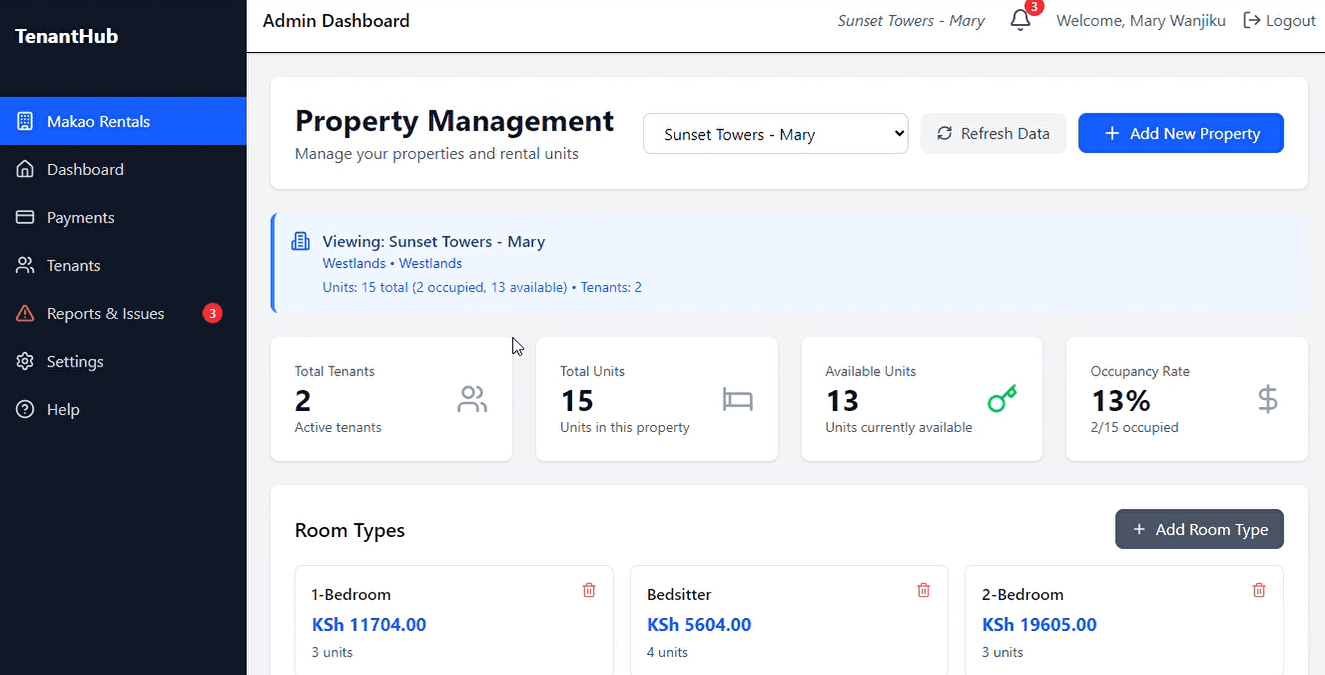 Nyumbani Rentals — Admin dashboard showcasing property management features